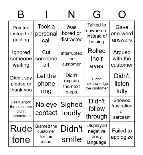 Bad Service Bingo Card