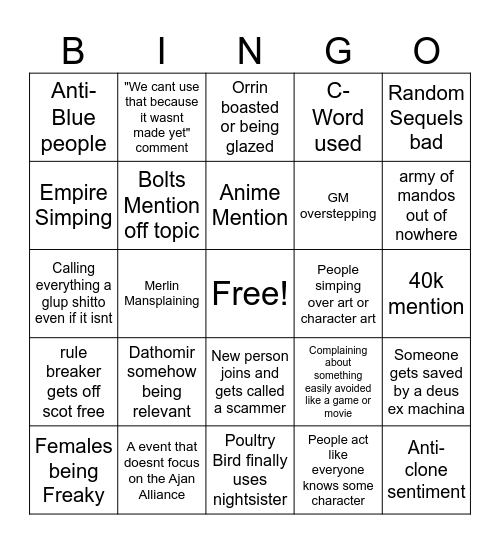 Star Wars Dark times rp bingo Card