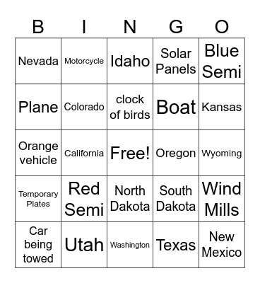 License Plate Bingo Card