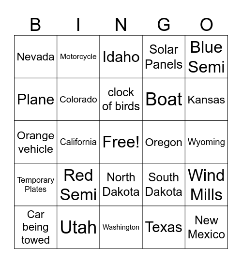 License Plate Bingo Card