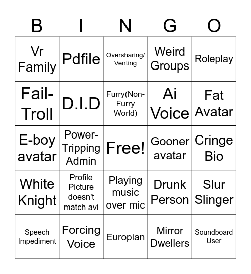 Vrchat Bingo Card