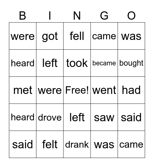 IRREGULAR VERBS Bingo Card