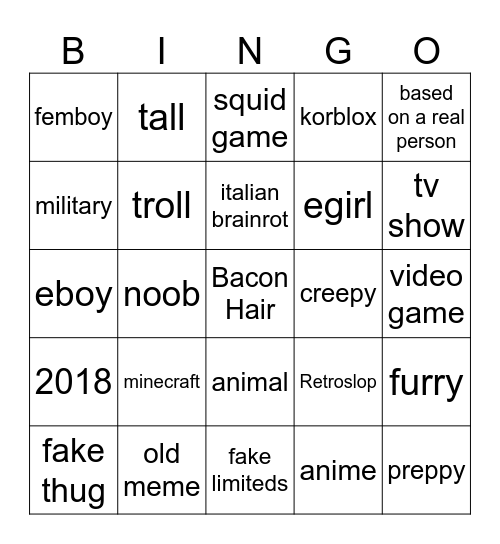 Roblox People Bingo Board Bingo Card