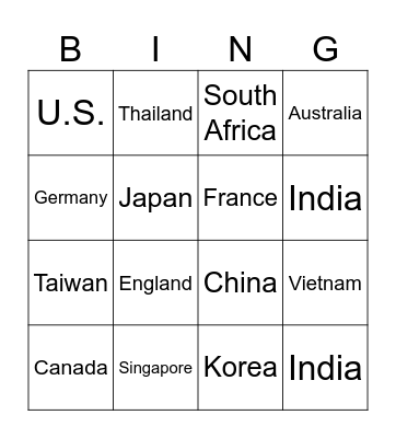 Country Bingo Card