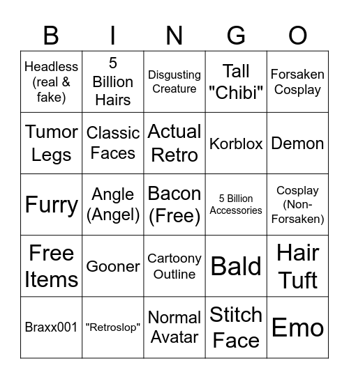 Roblox Avatar Bingo Card