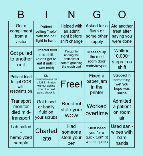 Critical Care Bingo Card