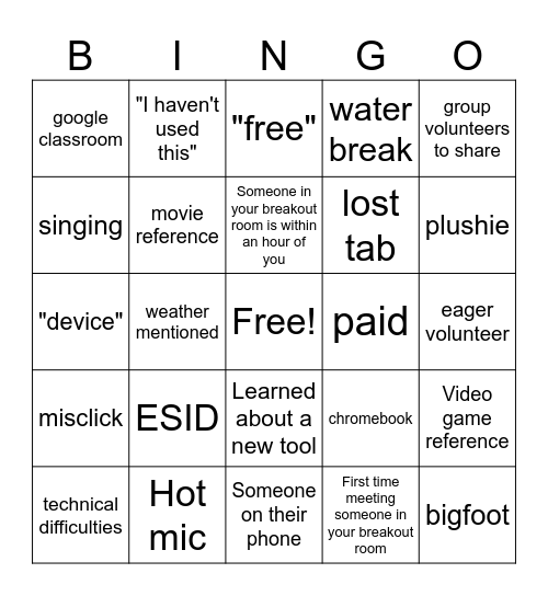 Tech Resources Bingo Card