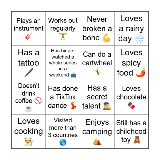 BINGO -  Lets Get To Know Each Other Bingo Card