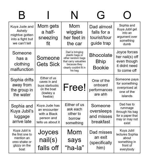 Summer 2025 Family Trip Bingo Card