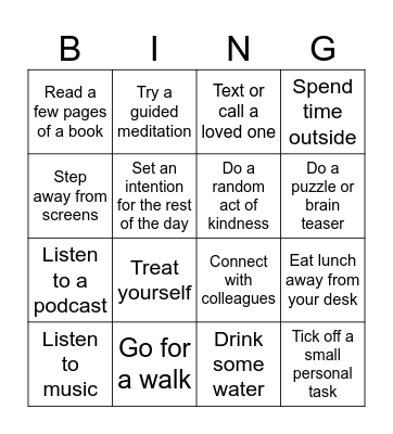 Lunchtime Self-Care Bingo Card