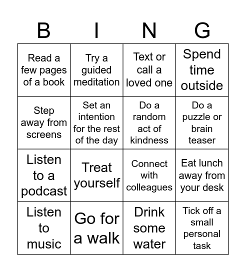 Lunchtime Self-Care Bingo Card