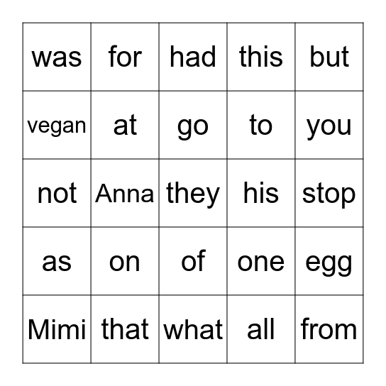 vegan Bingo Card