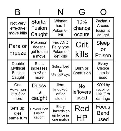 Then we fight bingo UP Best Fusions Bingo Card