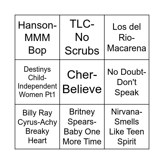 90s Bingo Session 1 Bingo Card