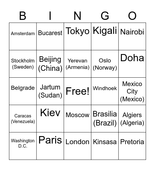 Capitals of all the world Bingo Card