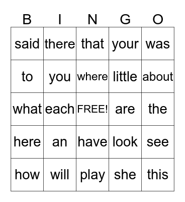 Go Sight Words Go! Bingo Card