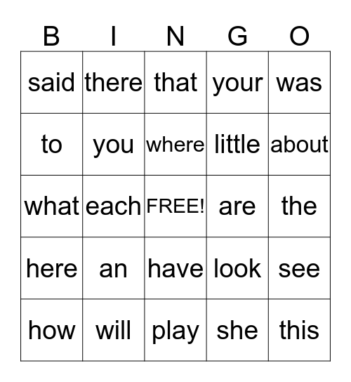 Go Sight Words Go! Bingo Card
