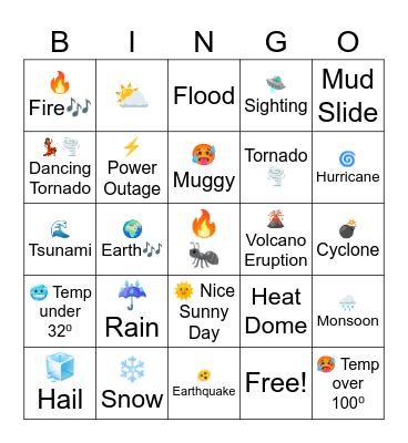 Rain Hail Snow & Earthquake Bingo Card