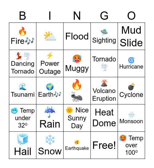 Rain Hail Snow & Earthquake Bingo Card