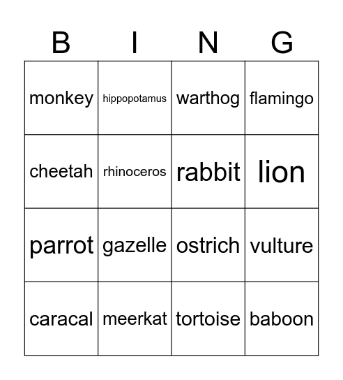 Safari Bingo Card