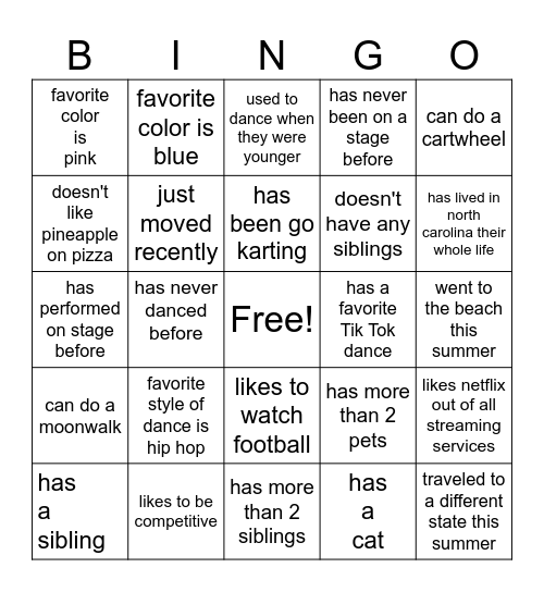 DANCE Bingo Card