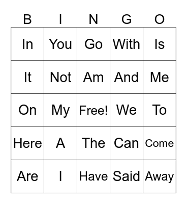 K Sight Words Bingo Card