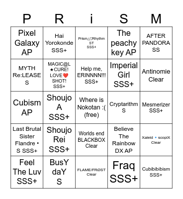 PRiSM PLUS GOALS BINGO CARD Bingo Card