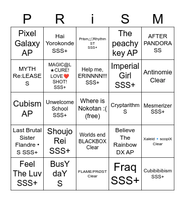 PRiSM PLUS GOALS BINGO CARD Bingo Card