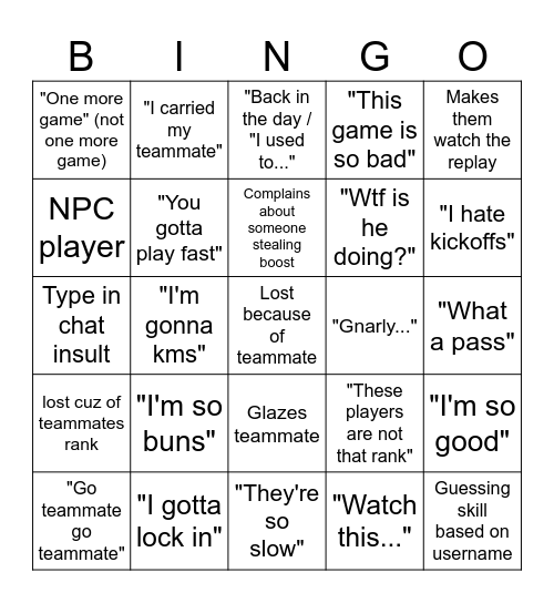 HUBERT ROCKET LEAGUE BINGO Card