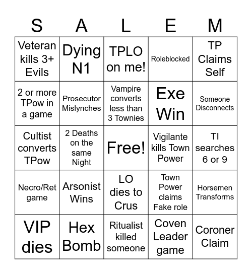 Town of Salem 2 Bingo Card