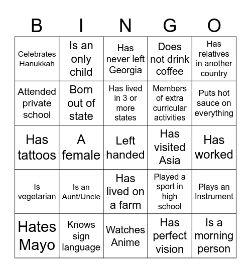 Diversity Bingo Card