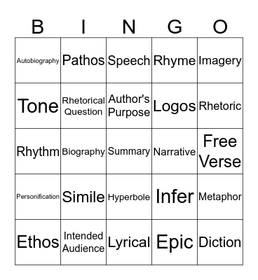 Literary Nonfiction and Poetry Bingo Card