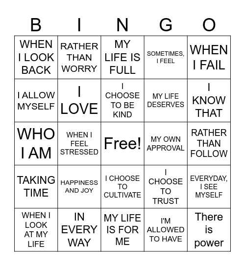 Self - Affirmation Bingo Card