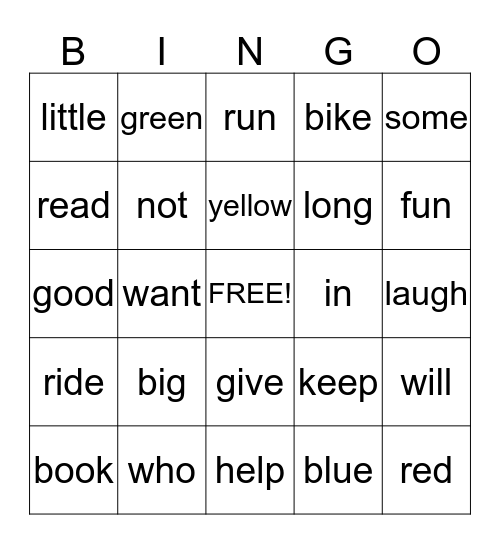 Jack and Jilly Words Bingo Card