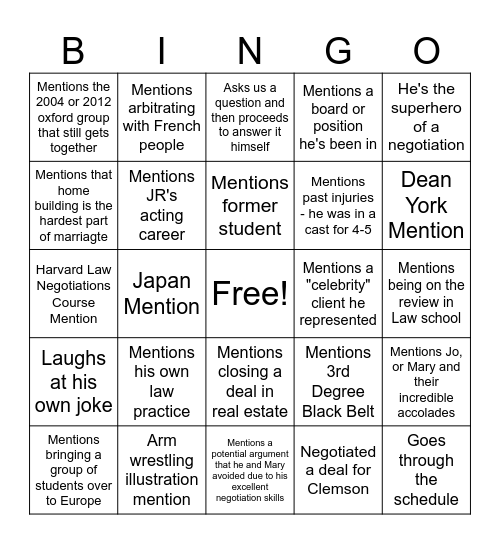 Judson Jahn Bingo Card