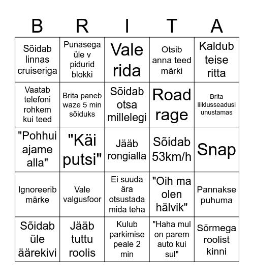Brita(traffic) bingo Card