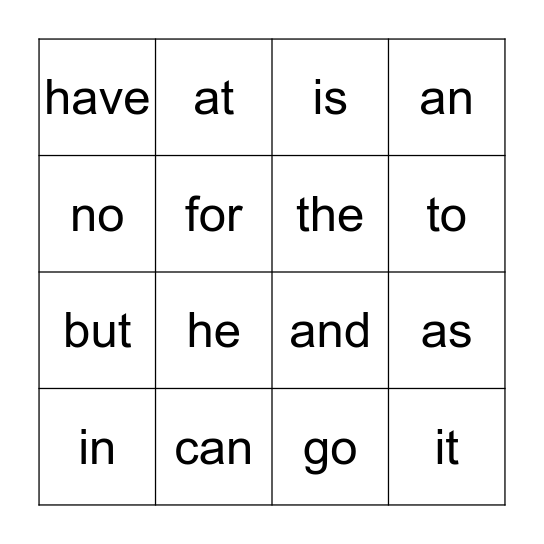 Kindergarten Word Bingo Card