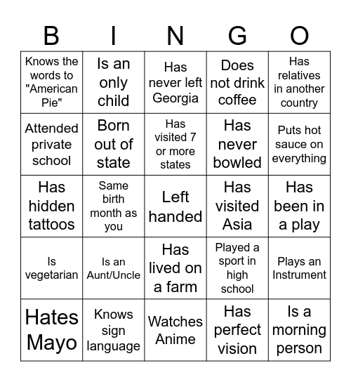 Diversity Bingo Card