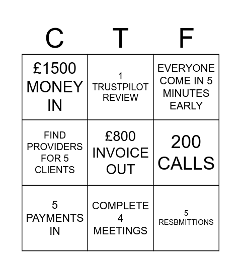 FRIDAY BINGO £30PP Bingo Card