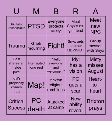 Age of Umbra: Episode 7 (AUx07) Bingo Card