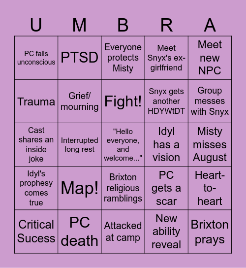 Age of Umbra: Episode 7 (AUx07) Bingo Card