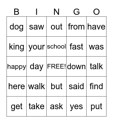 Jack and Jilly Words Bingo Card