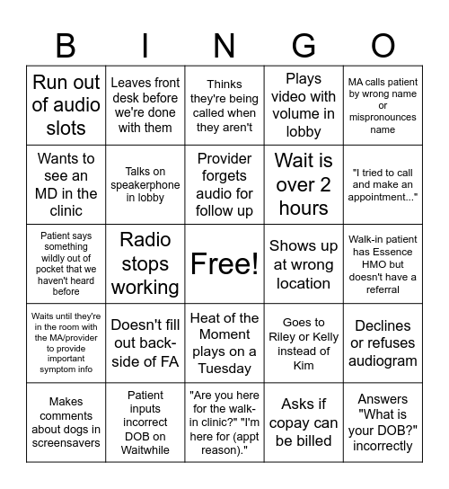 Front Desk Bingo Card