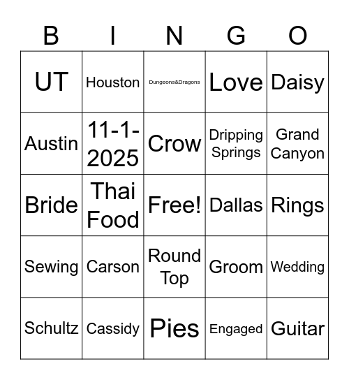 Wedding Bingo Card
