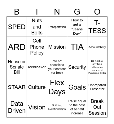 Administrator Before School PD Bingo Card Bingo Card