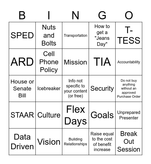 Administrator Before School PD Bingo Card Bingo Card