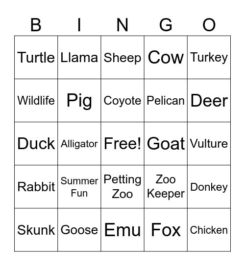 Zoo Field Trip Bingo Card