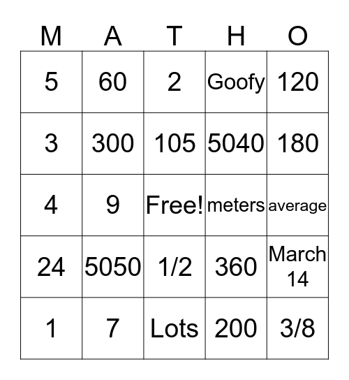 Disney Math Bingo Card