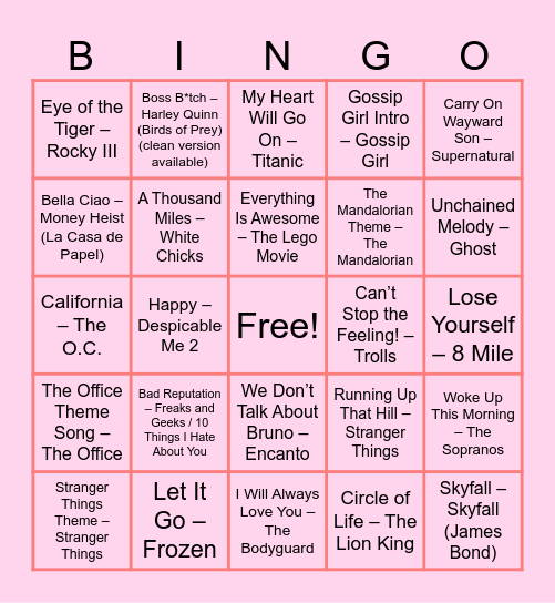 Movie and TV Show Bingo Card