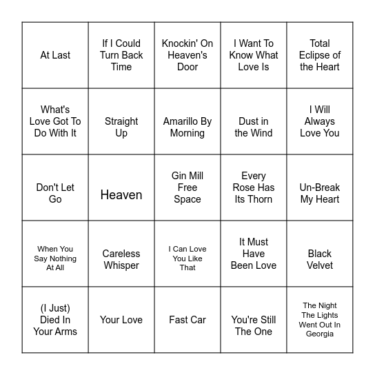 Boombox Ballads Bingo Card